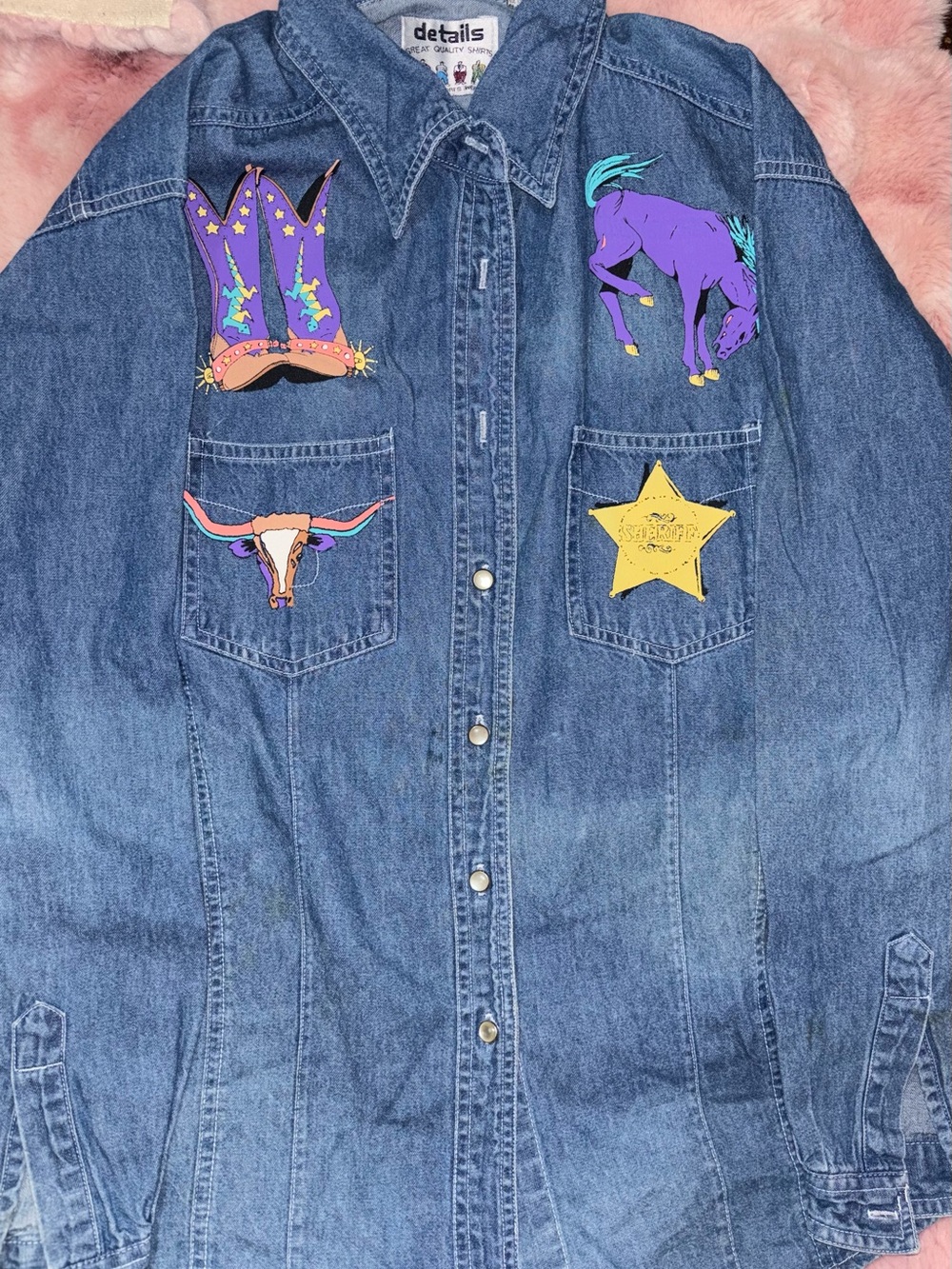 Denim Button-Down Shirt with Colorful Western Motif - Picture 3 of 9